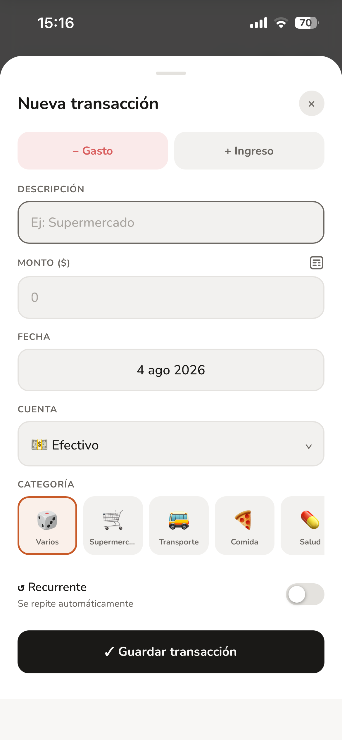 Nueva transacción Finnex