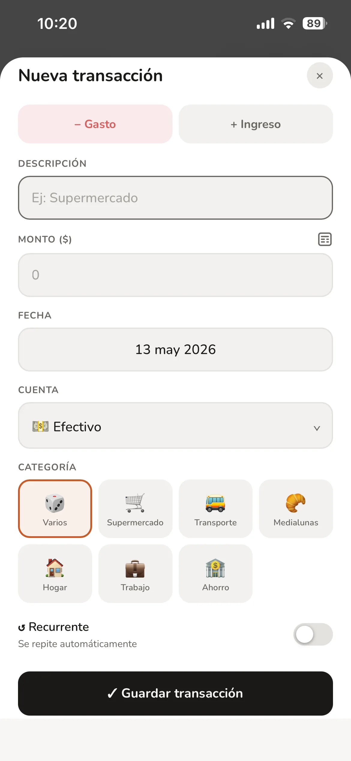 Nueva transacción Finnex
