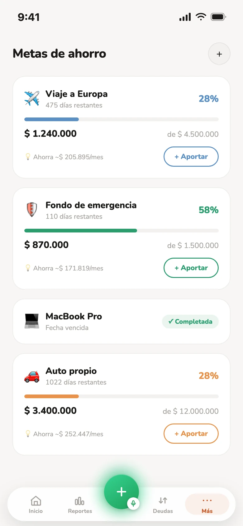Metas de ahorro en Finnex